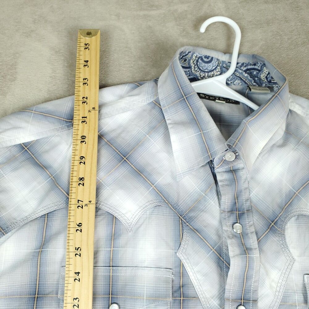 Stetson Shirt Mens XXL Blue White Plaid Pearl Snap Flip Cuff Western Cowboy - Picture 10 of 16